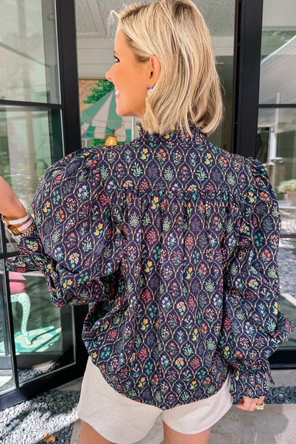 Blue Floral Print Flounced Long Puff Sleeve Blouse