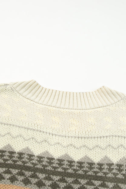Khaki Aztec Print V Neck Sweater with Ribbed Texture