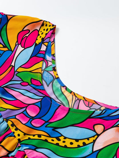 Rose Abstract Print Frilly Trim Blouse for Plus Size Women