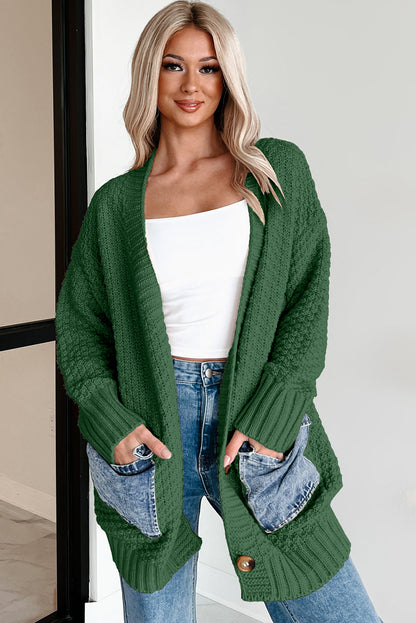 Blackish Green Open Front Knitted Denim Pocket Patchwork Cardigan