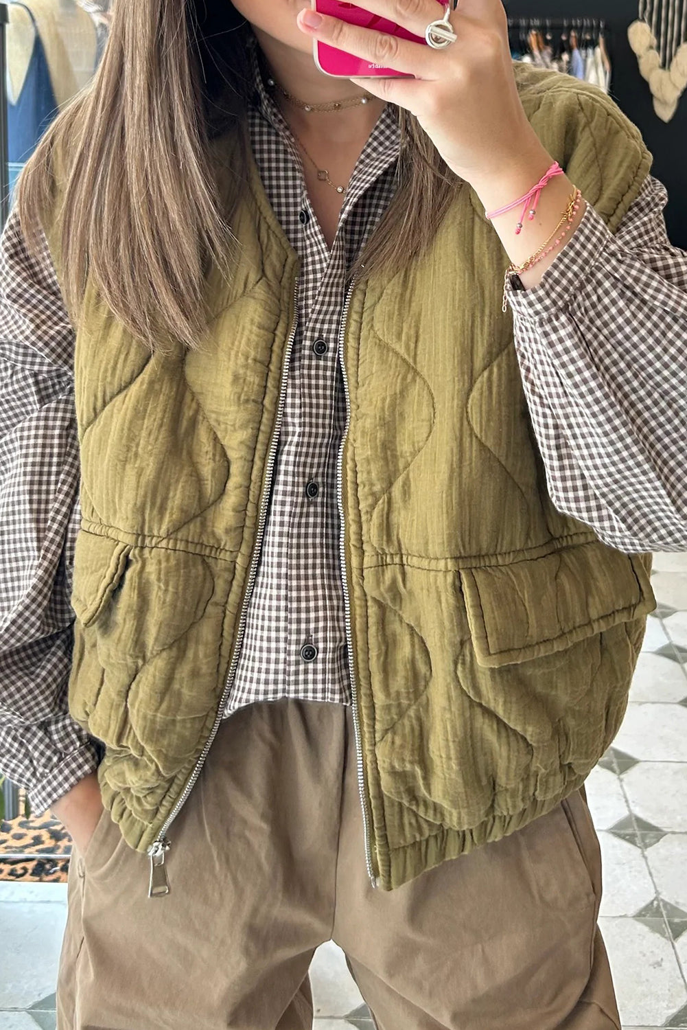 Sage Green Playful Quilted Zip Up Elastic Hem Vest