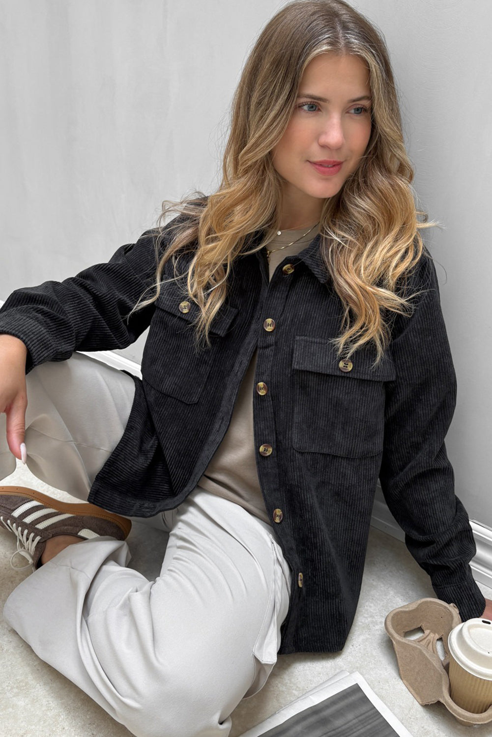 Black Button Flap Pocket Corduroy Shacket