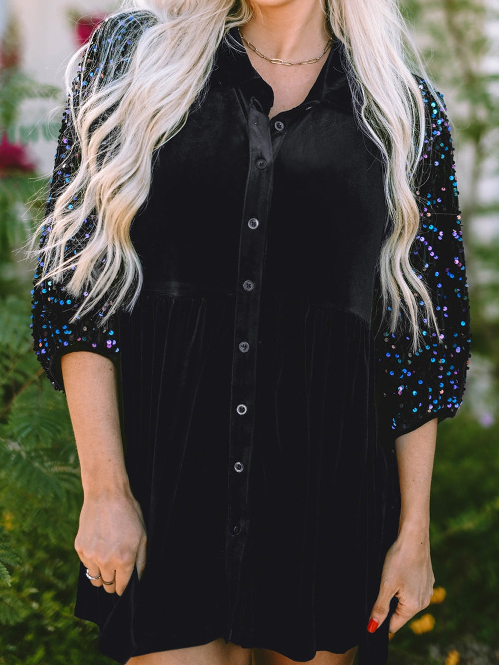 Elegant Black Velvet Peplum Shirt with Sequin Detail