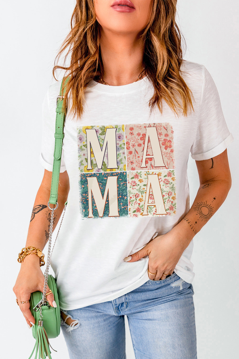 Elegant Floral Mama Print White Casual Tee