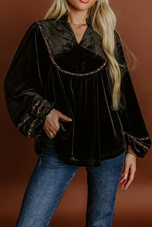 Black Velvet Notched Neck Leopard Trim Long Puff Sleeve Top