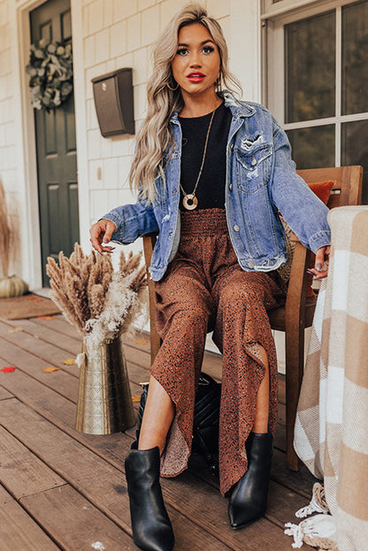 Brown Leopard High Rise Smocked Waistband Curved Hem Wide Leg Pants