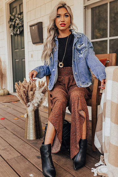 Brown Leopard High Rise Smocked Waistband Curved Hem Wide Leg Pants