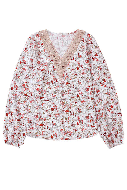 Elegant White Lace V-Neck Blouse with Floral Pattern