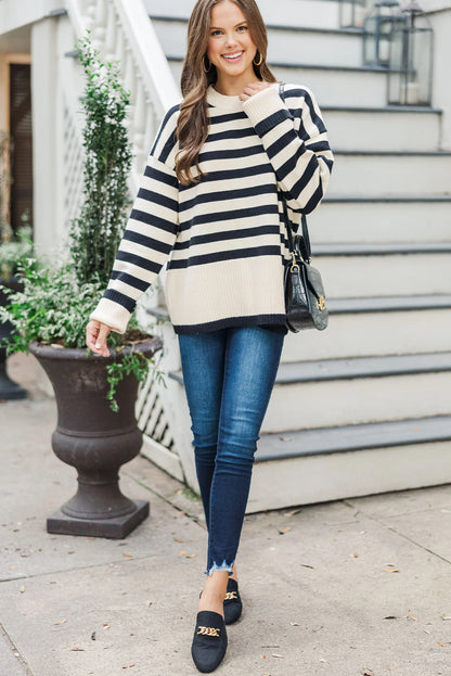 Black Stripe Ribbed Buttoned Detail Drop Shoulder Tunic Sweater