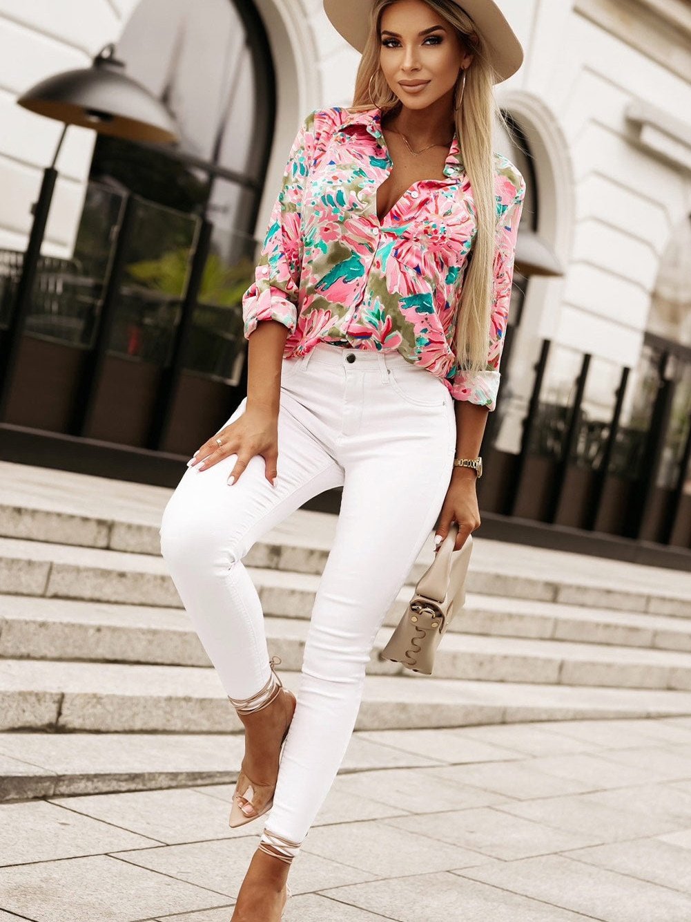 Green Abstract Floral Print Collared Sheath Blouse with Long Sleeves