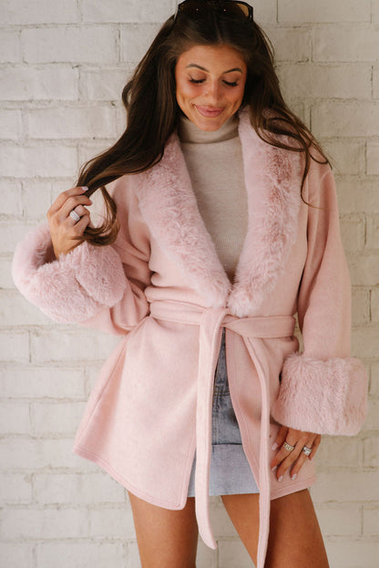 Delicacy Plus Collar Cuff Patchwork Open Front Belted Overcoat