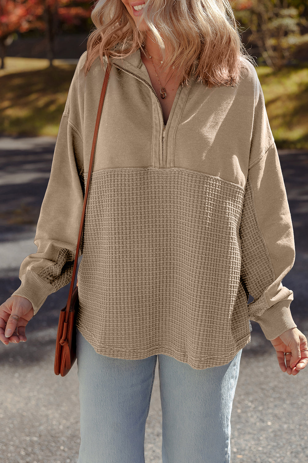 Parchment Waffle Knit Patchwork Half Zipped Casual Sweatshirt