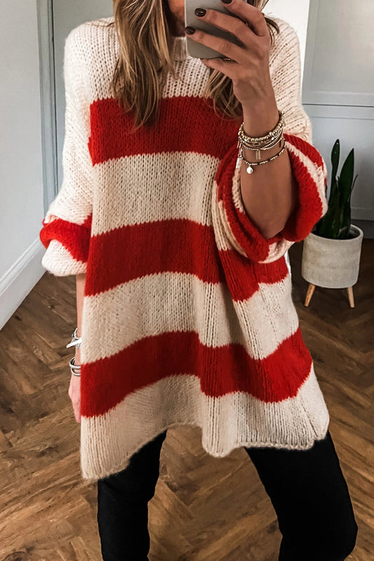 Red Stripe High Neck Oversized Knit Tunic Sweater