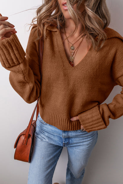 Chestnut Collared V Neck Ribbed Edge Sexy Elegant Sweater