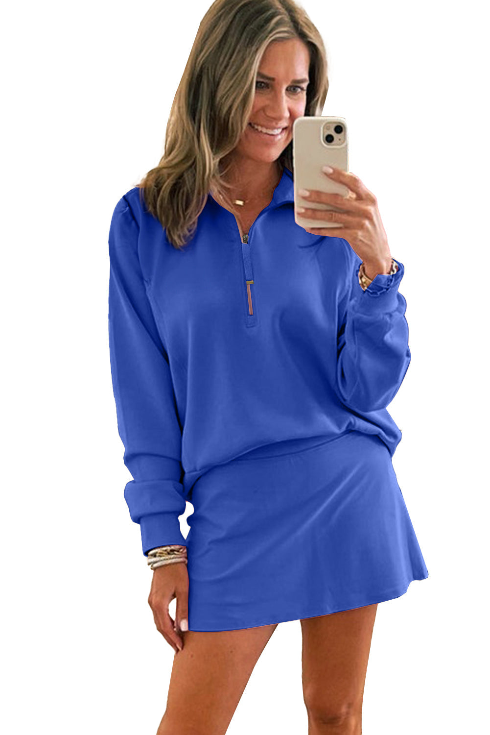 Dark Blue Half Zip Sporty Pullover Mini Skirt 2pcs Outfit