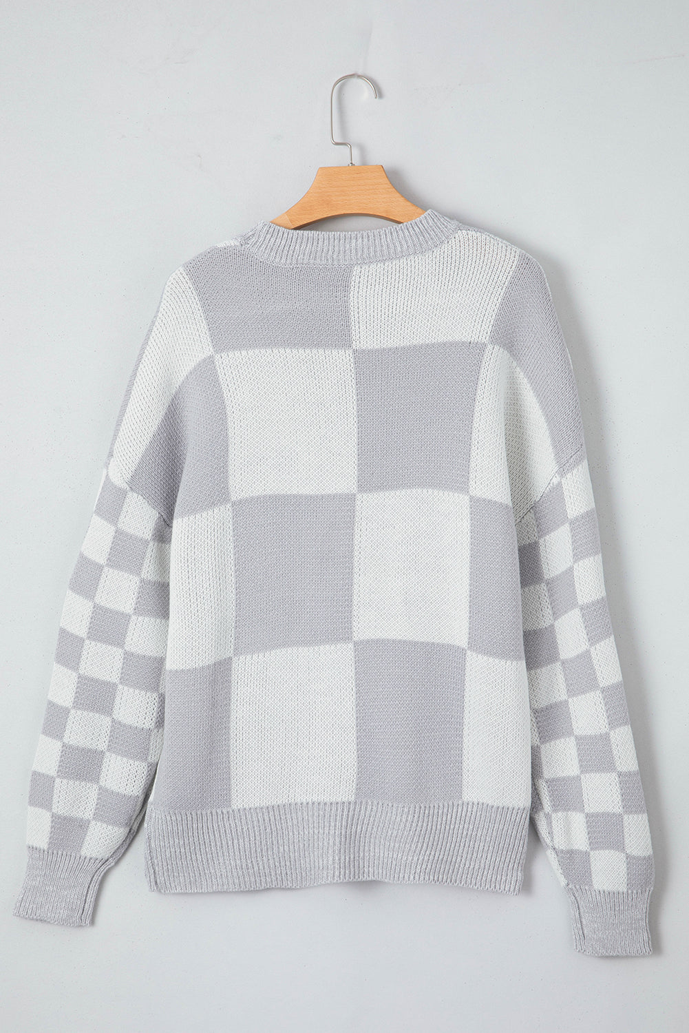 Grey Plaid Drop Shoulder Knit Sweater