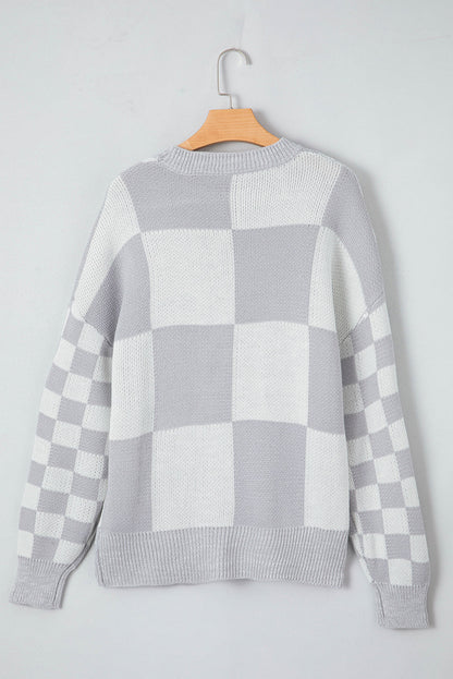 Grey Plaid Drop Shoulder Knit Sweater