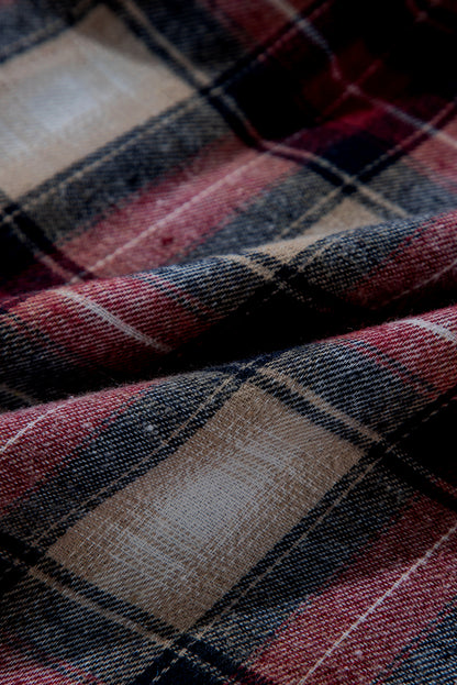 Red Plaid Print Chest Pocket Buttoned Hooded Shacket