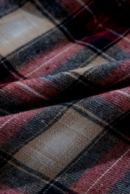 Red Plaid Print Chest Pocket Buttoned Hooded Shacket