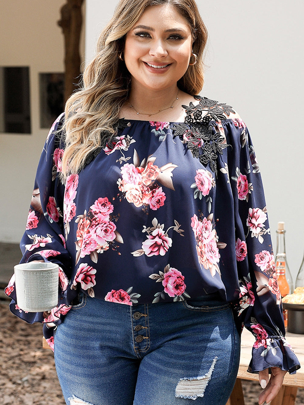 Navy Blue Floral Crochet Cold Shoulder Plus Size Blouse