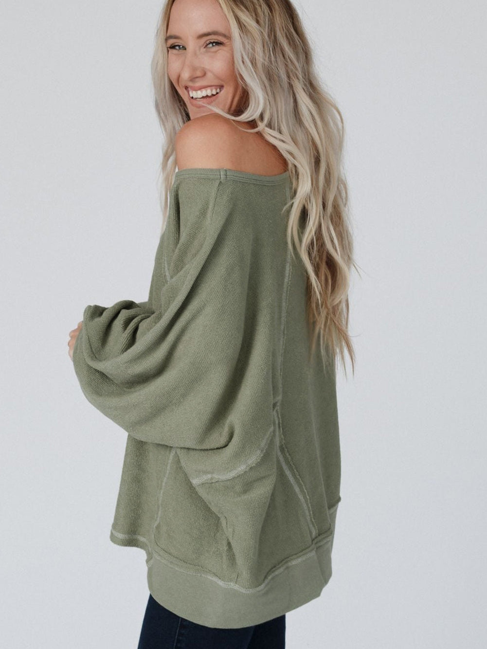 Green Exposed Stitch Detail Dolman Sleeve Patchwork Blouse