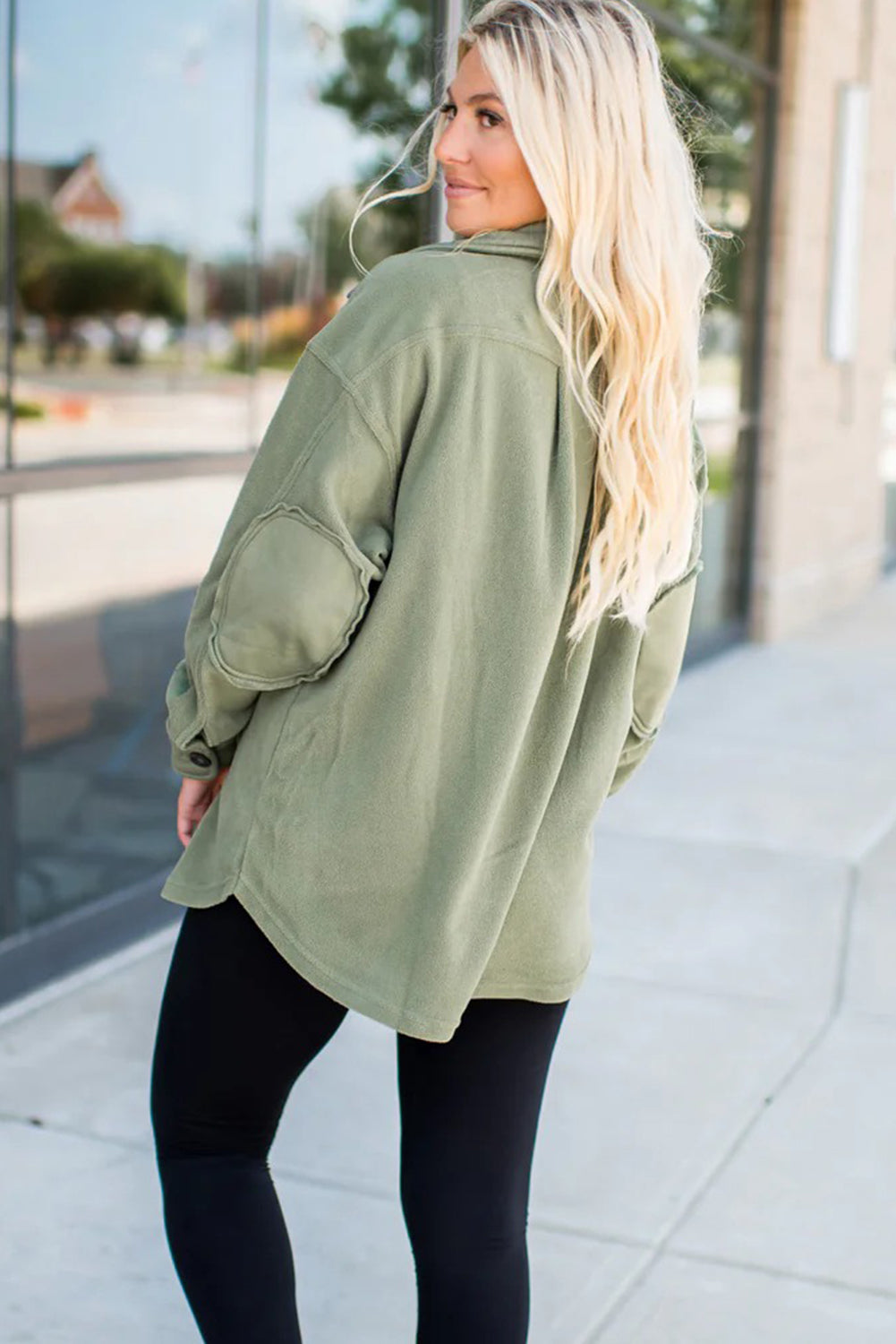 Smoke Green Solid Color Exposed Seam Patchwork Button Down Fleece Shacket