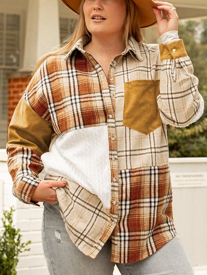 Golden Apricot Plus Size Plaid Patchwork Button up Shacket