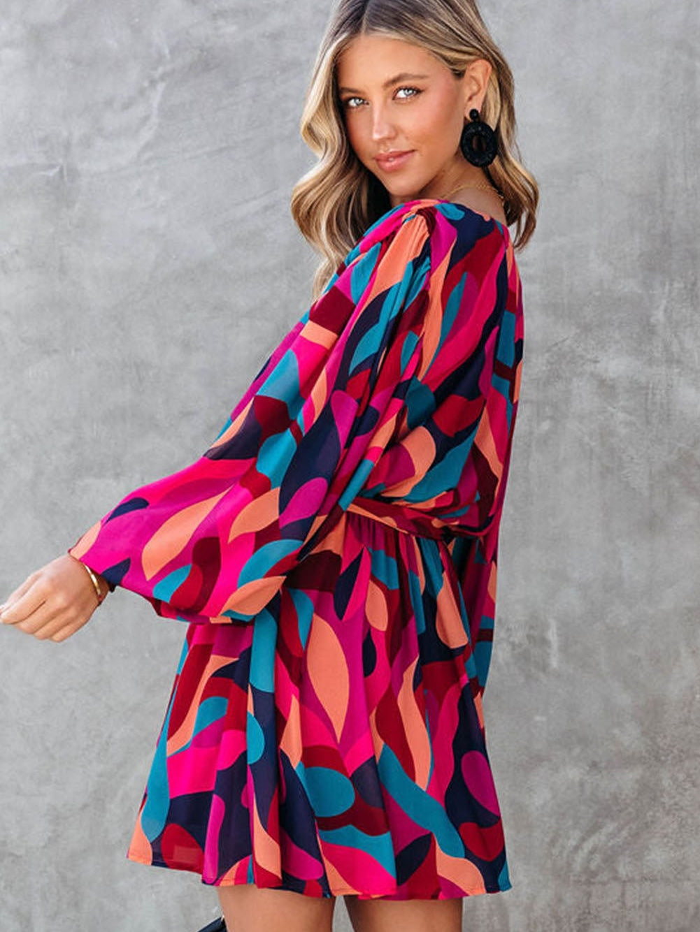 Lapel Print Lace-Up Long Sleeve Dress