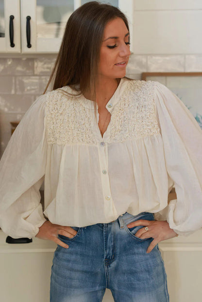 Beige Smocked Chest Elastic Cuffs Loose Sleeve Floaty Blouse