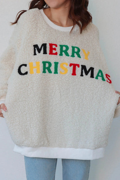 White MERRY CHRISTMAS Multicolor Embroidered Sherpa Pullover Sweatshirt