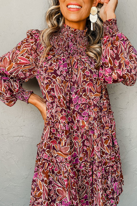 Red Floral Print Long Sleeve Shirred High Neck Loose Mini Dress