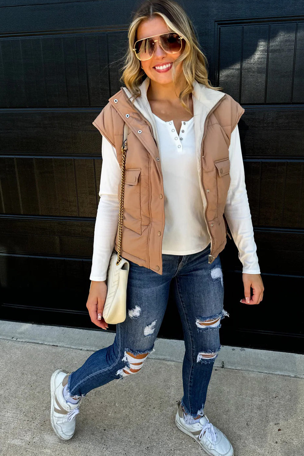 Smoke Gray Color Block Liner Patchwork Snap Button Zip Up Winter Vest