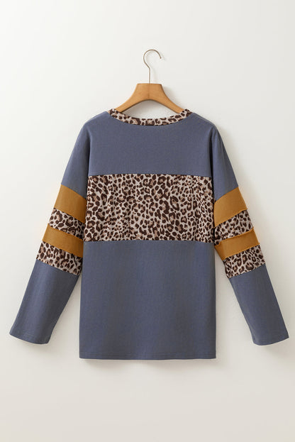 Dark Blue Leopard Color Block Patchwork Raw Seam Detail Plus Size Long Sleeve Top