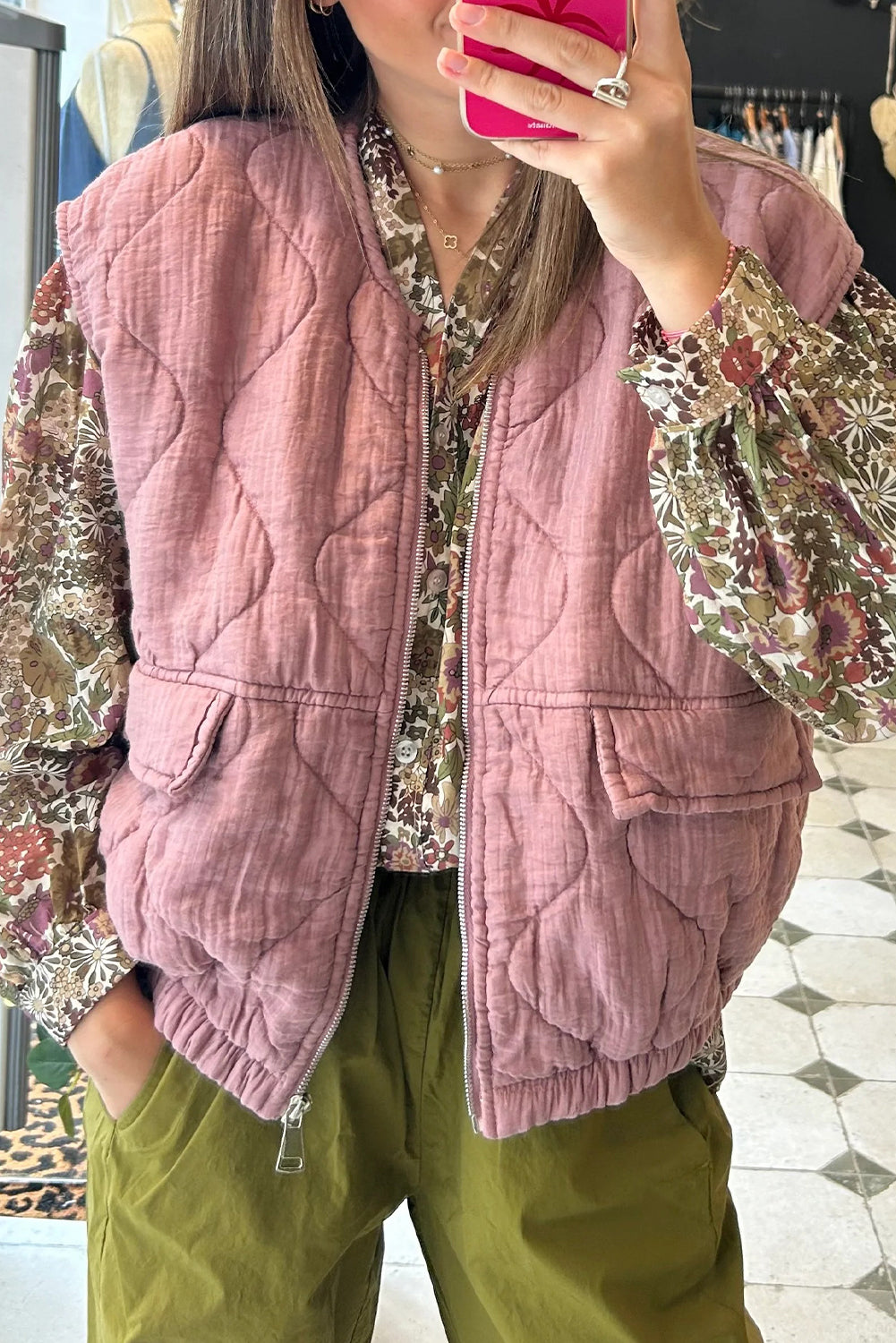 Pink Playful Quilted Zip Up Elastic Hem Vest
