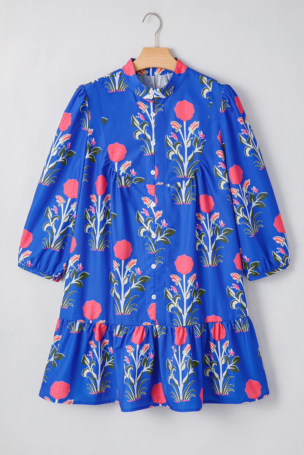 Blue Floral Print Button Detail 3/4 Puff Sleeve Ruffle Hem Dress