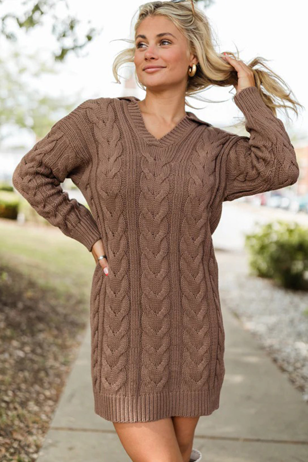 Dark Khaki Ribbed V Neck Cable Knit Mini Sweater Dress