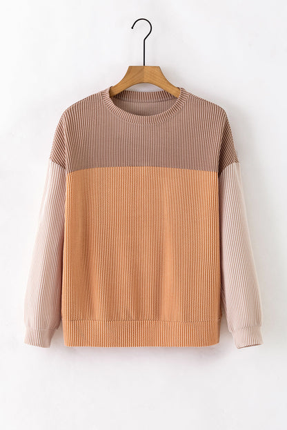 Khaki Color Block Ribbed Top with Long Sleeves