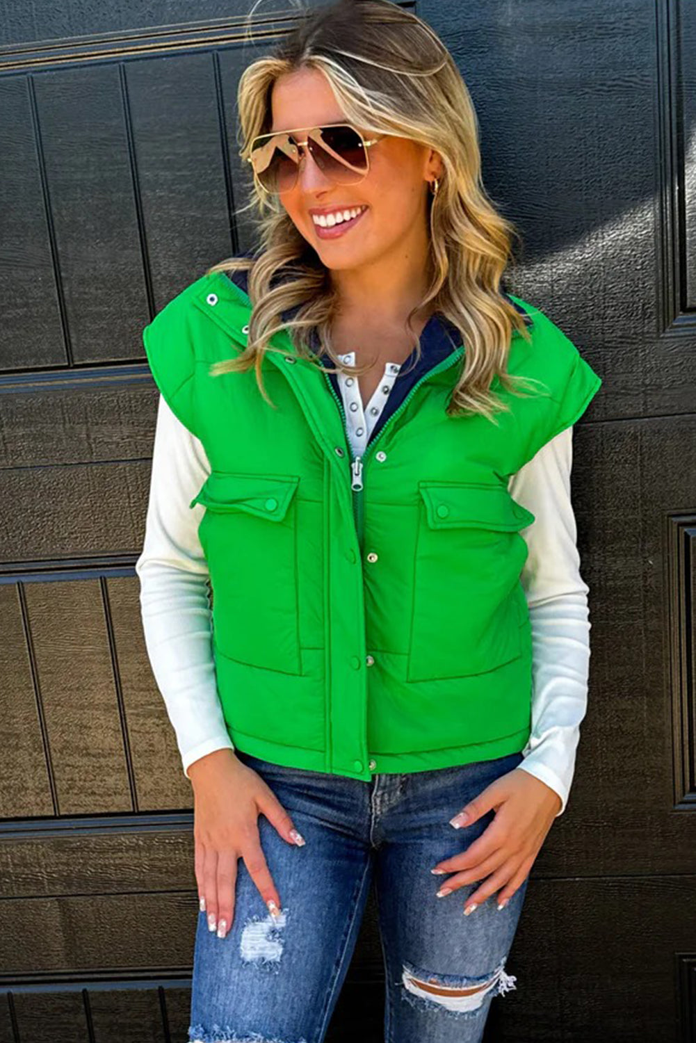 Green Color Block Liner Patchwork Snap Button Zip Up Winter Vest