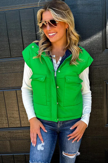 Green Color Block Liner Patchwork Snap Button Zip Up Winter Vest