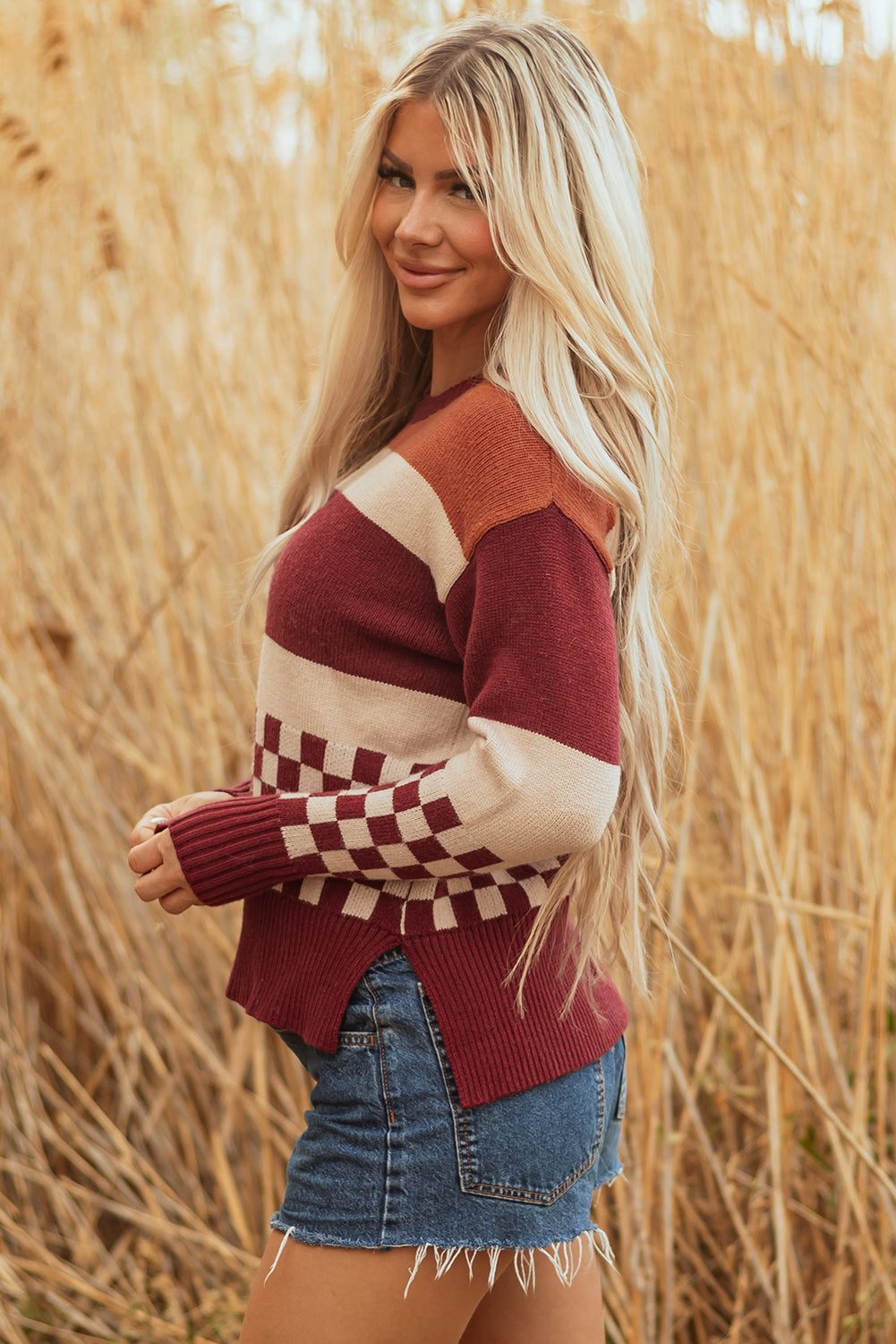 brown checkered sweater