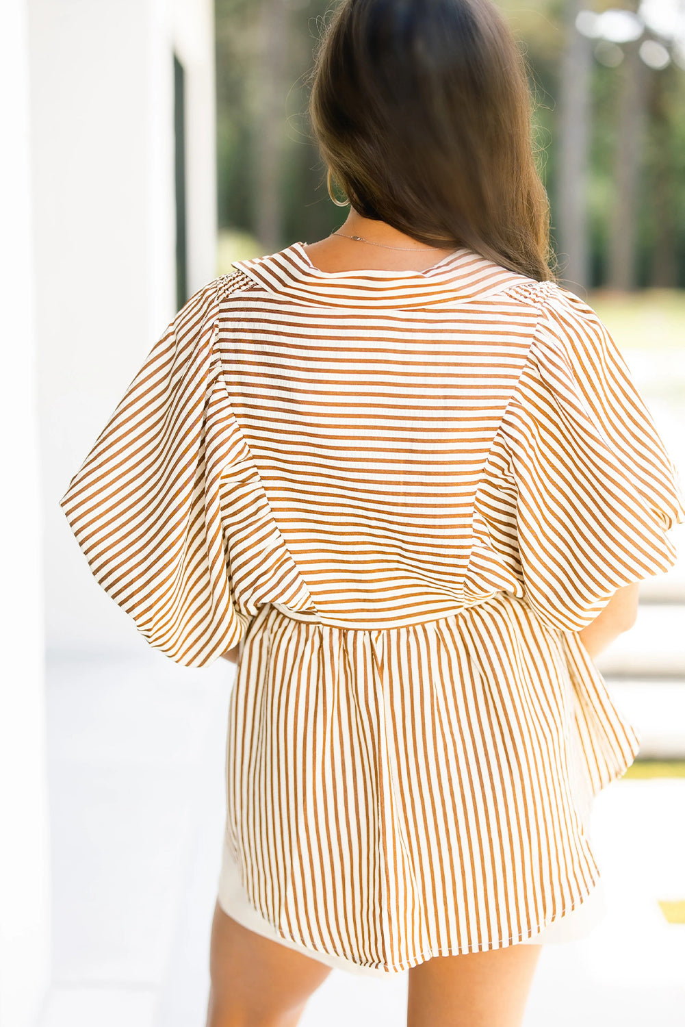 Brown Stripe Shirred V Neck Short Puff Sleeve Blouse