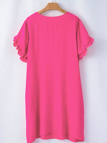 Strawberry Pink Ruffle Sleeve Plus Size Shift Mini Dress