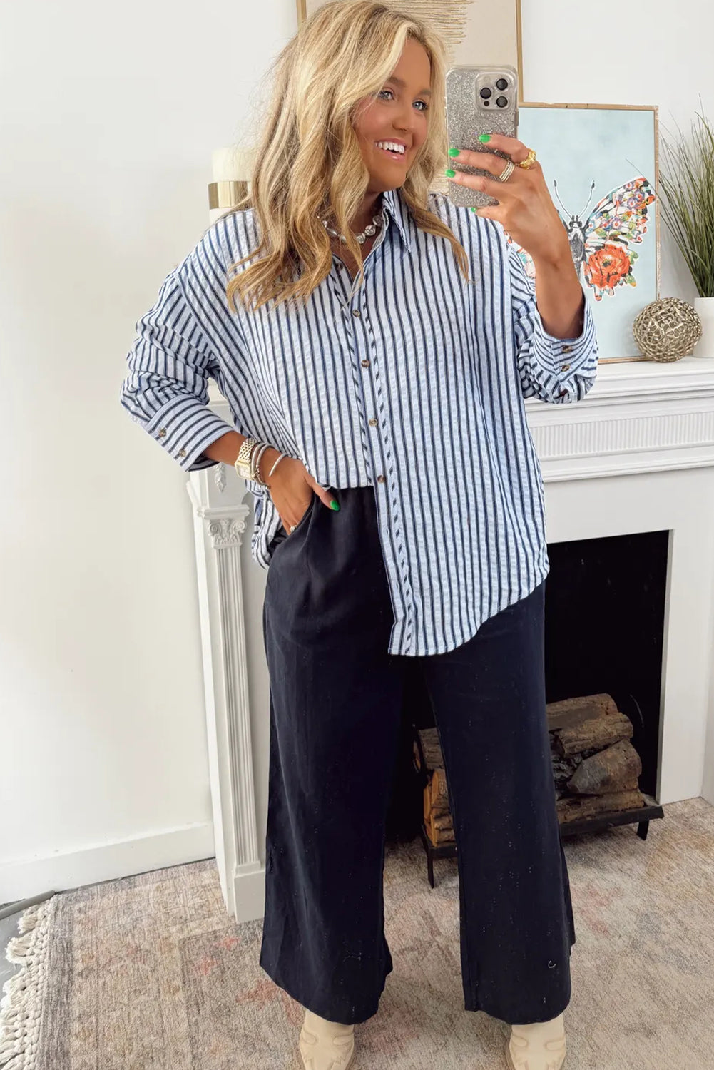 Blue Stripe Textured Hi Low Rounded Hem Casual Shirt with Slits