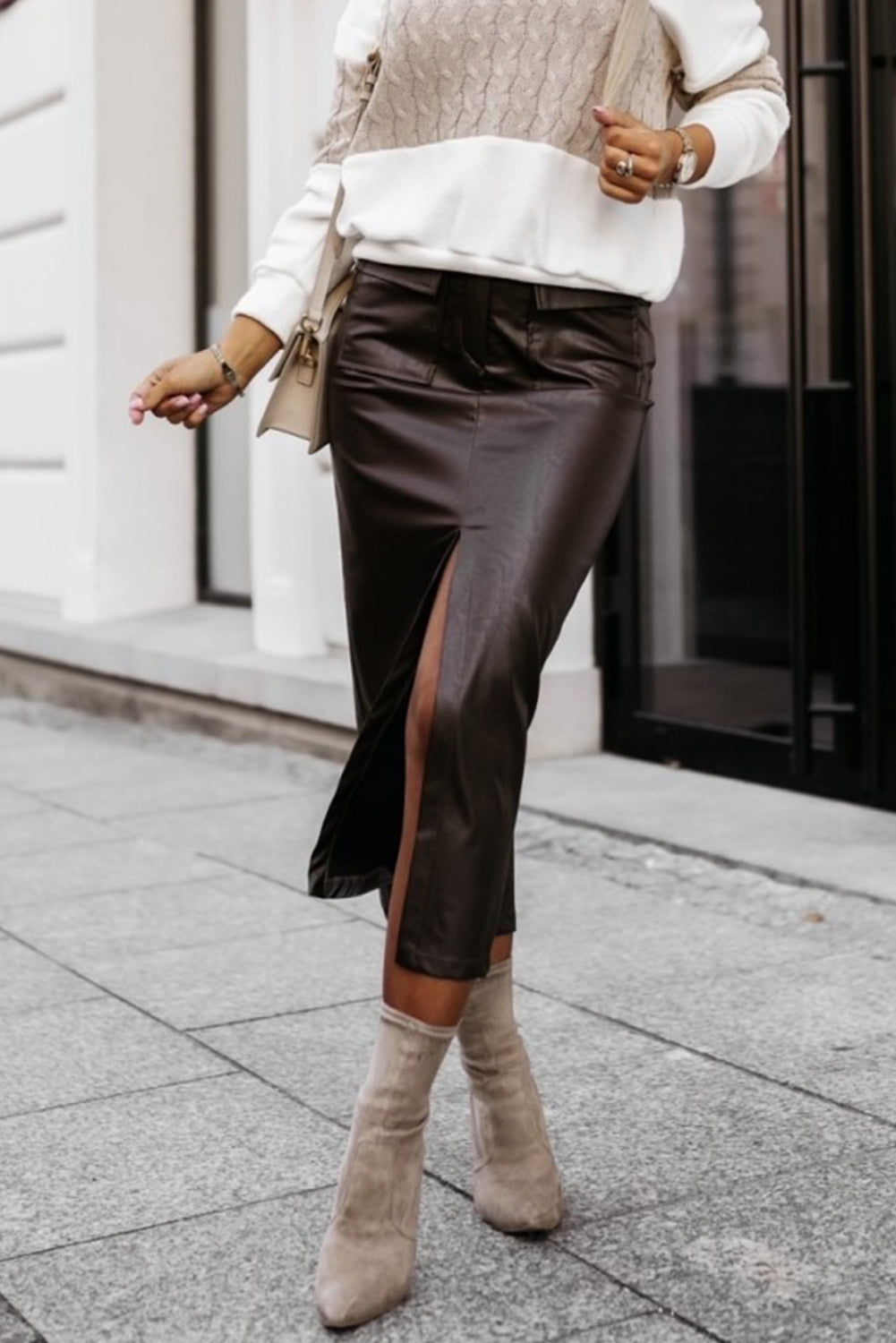 Chicory Coffee Faux Leather Flap Pocket Front Split Pencil High Waist Midi Skirt