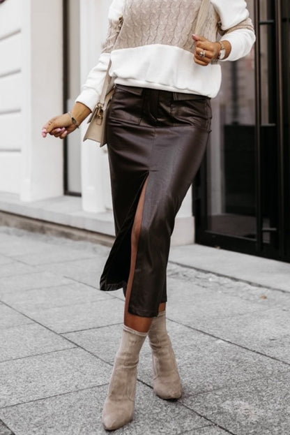 Chicory Coffee Faux Leather Flap Pocket Front Split Pencil High Waist Midi Skirt