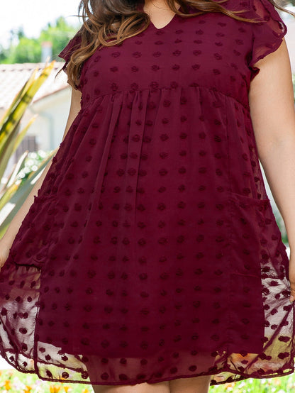 Swiss Dot Burgundy Plus Size V-Neck Mini Dress with Ruffled Sleeves