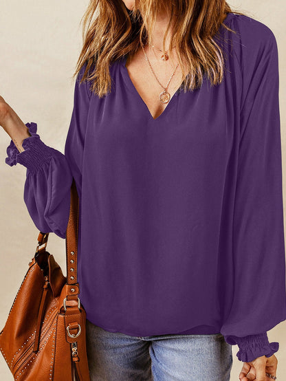 Elegant Purple Pleated V Neck Blouse with Puffy Sleeves