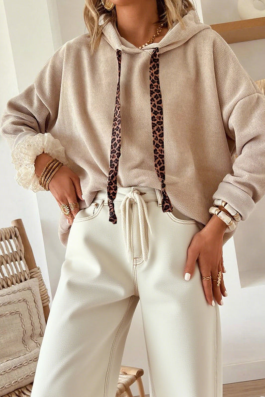 Parchment Thermal Textured Lace/Leopard Drawstring Baggy Hoodie