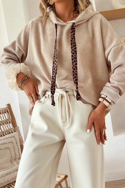 Parchment Thermal Textured Lace/Leopard Drawstring Baggy Hoodie