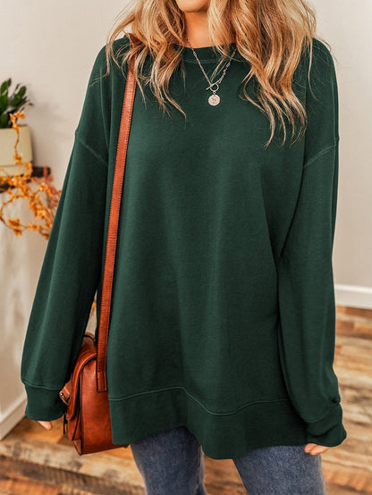 Green Drop Shoulder Split Hem Sweatshirt with Oversized Fit
